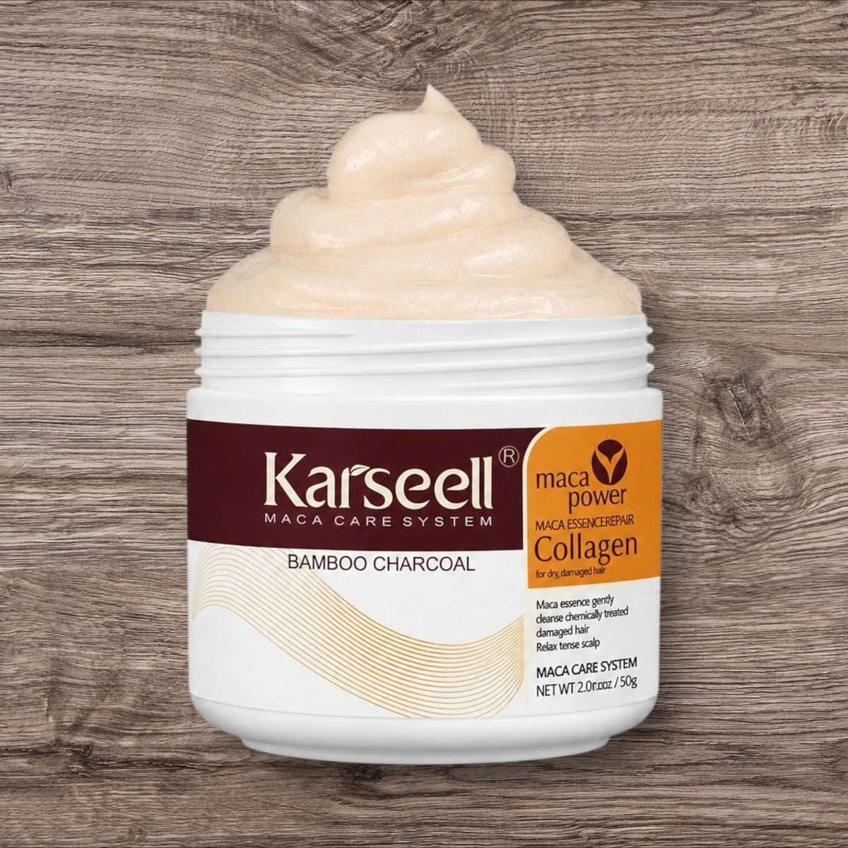 Crema capilar nutritiva Mi tienda Karsell con textura cremosa en envase blanco de 60g para reparación profunda